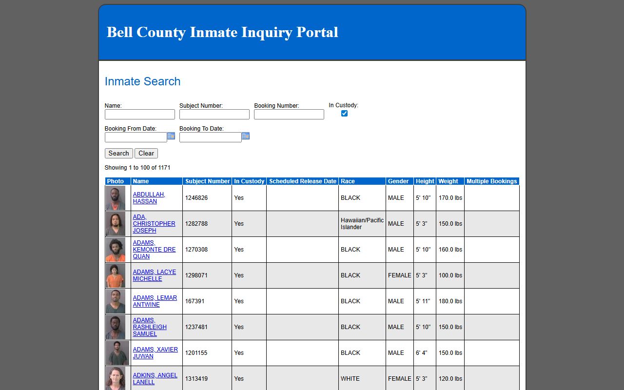 San Saba County inmate roster fallback through Bell County New World inmate search