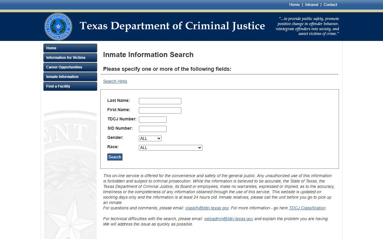 TDCJ San Saba Unit inmate search form